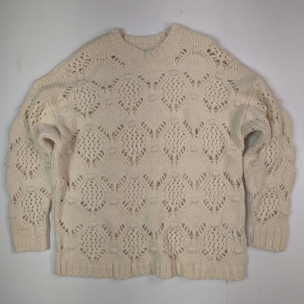 American Eagle Women Cream Wool Blend Pointelle Bobble Chunky Knit Sweater Small - Picture 2 of 9